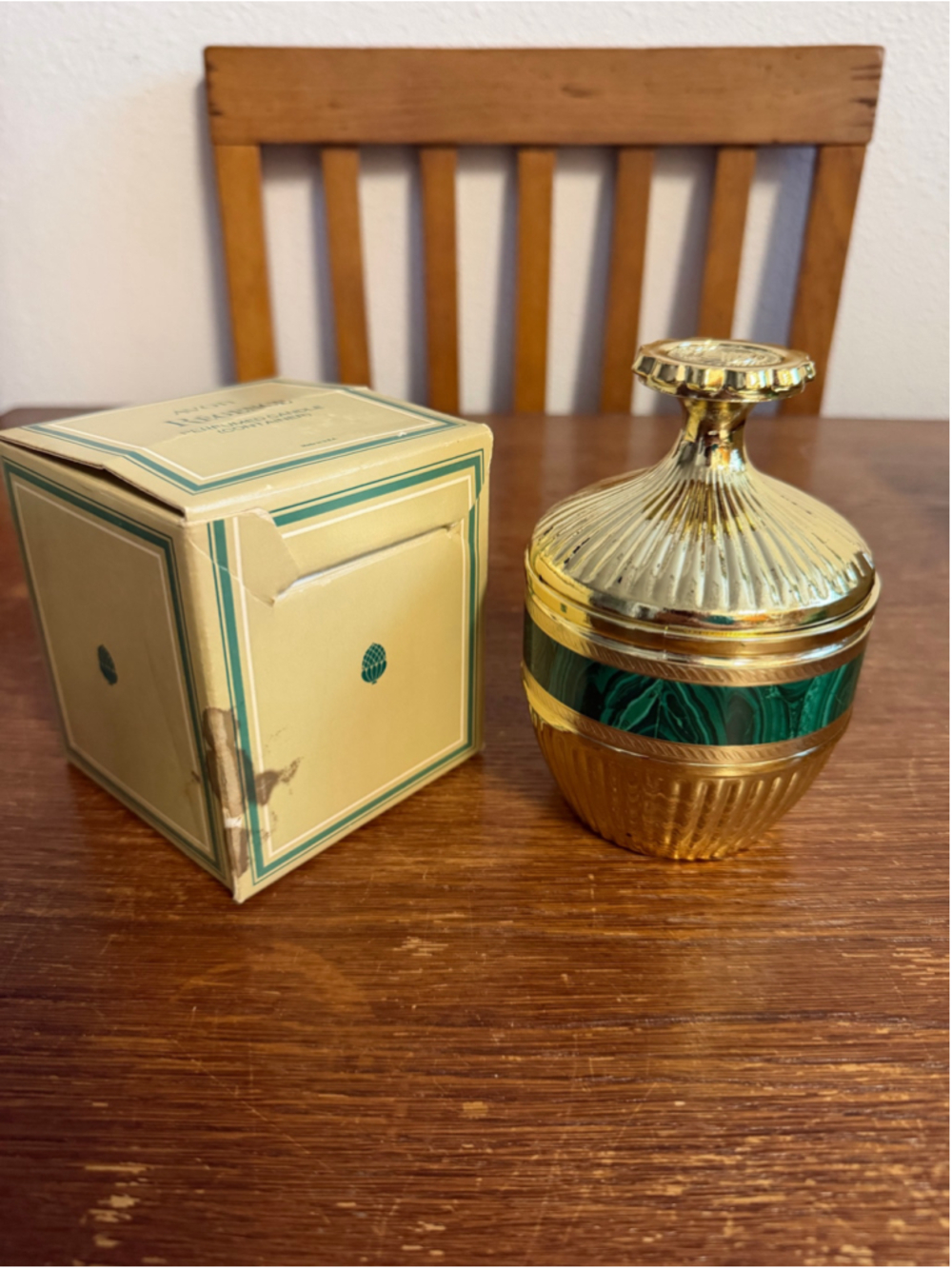 Vintage Avon Regence Candle Container Gold Green Malachite NIB USA